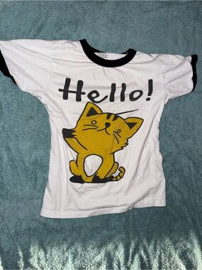 On Fire White Ringer Tee‎ with Yellow Cat Graphic